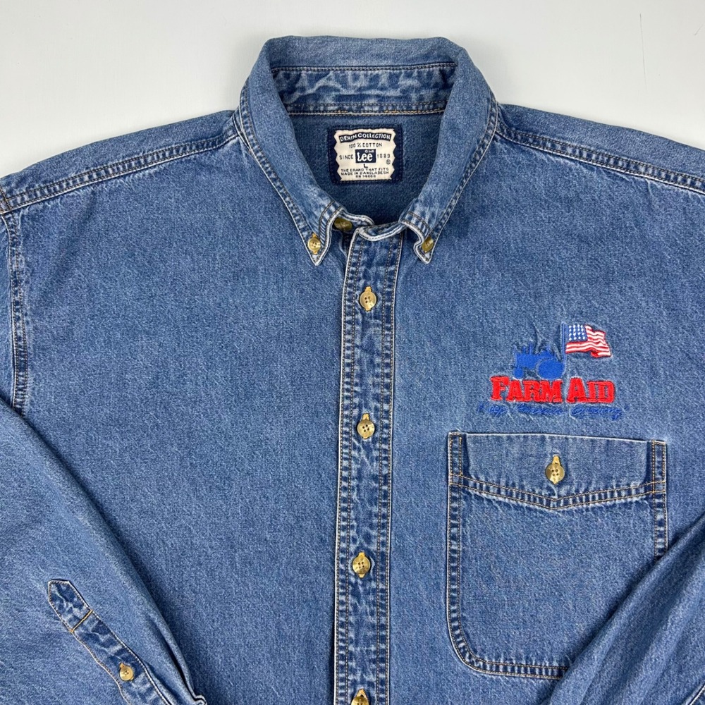VTG Lee Denim Collection Farm Aid Embroidered Button Down Shirt Mens Large Blue
